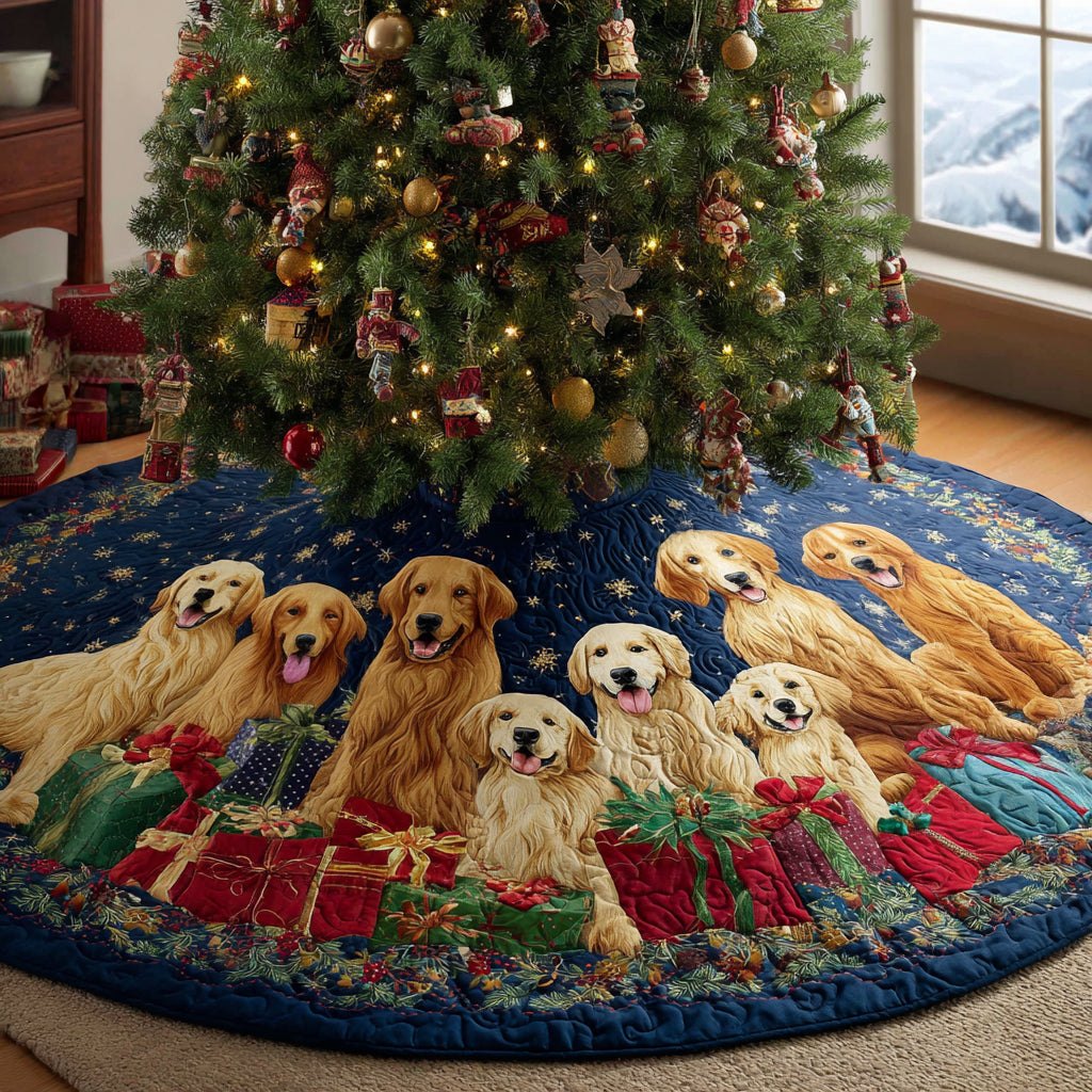 Golden Family on the Dark Plaid Hem Christmas Tree Skirt