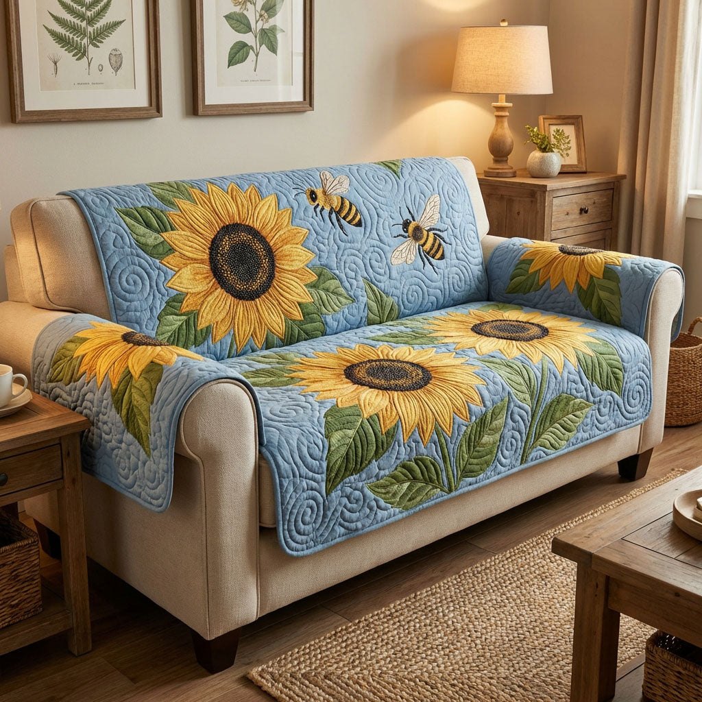 Sunflowers and Bees on Blue Sofa Cover