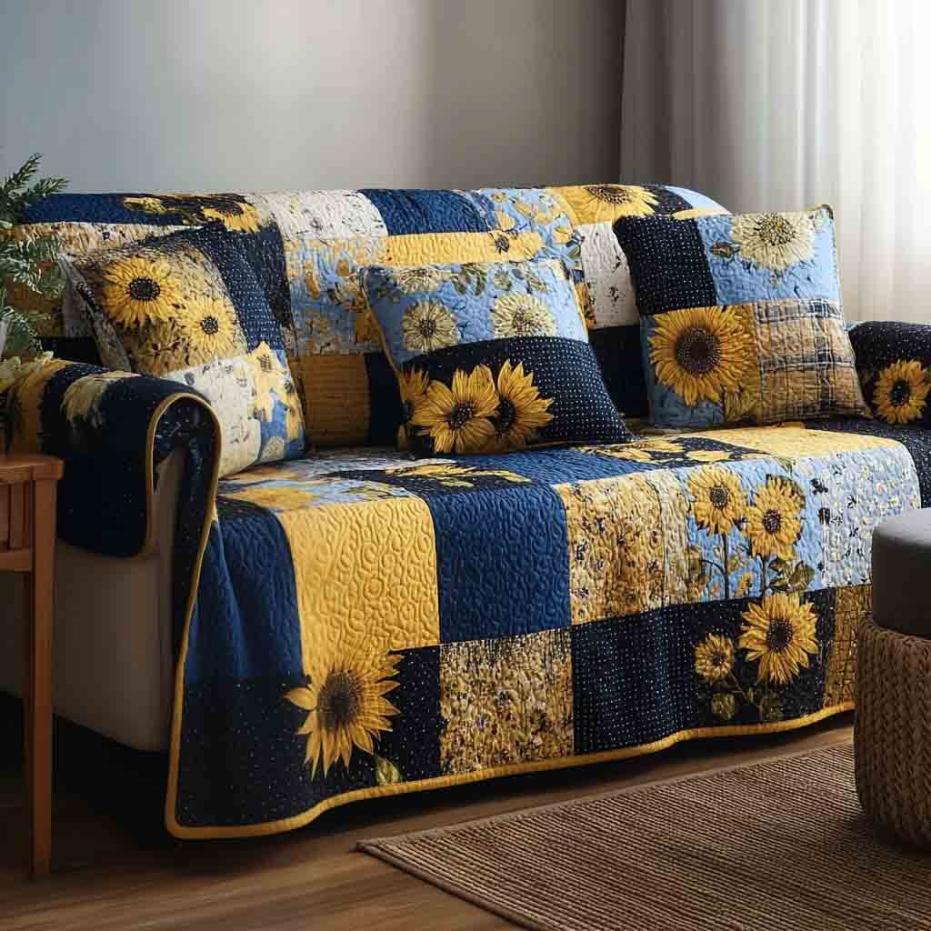 Sunflowers on Blue and Yellow Checks Sofa Cover