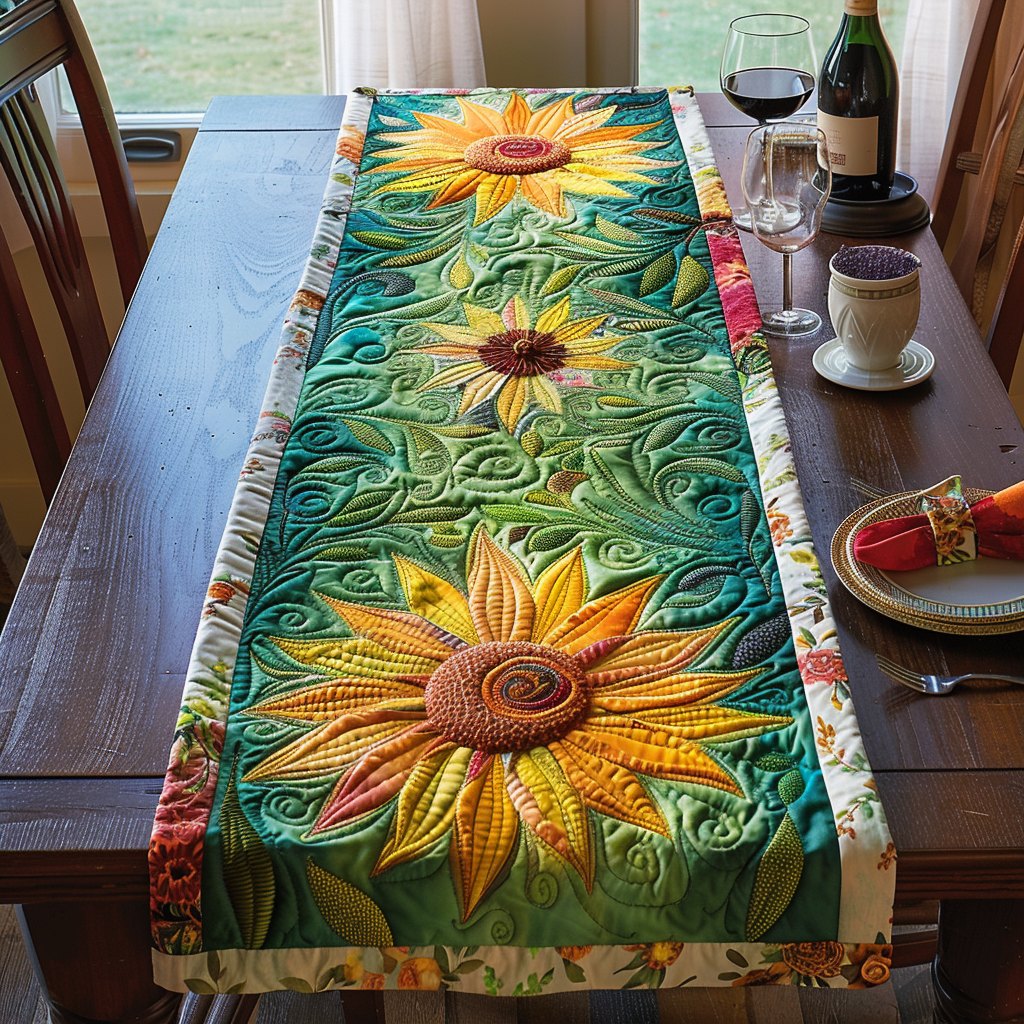 Sunflower on Green Swirls Table Runner