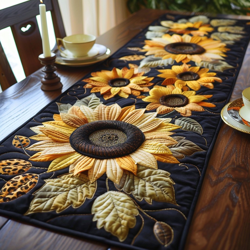 Sunflower on Cream with Leaves Table Runner