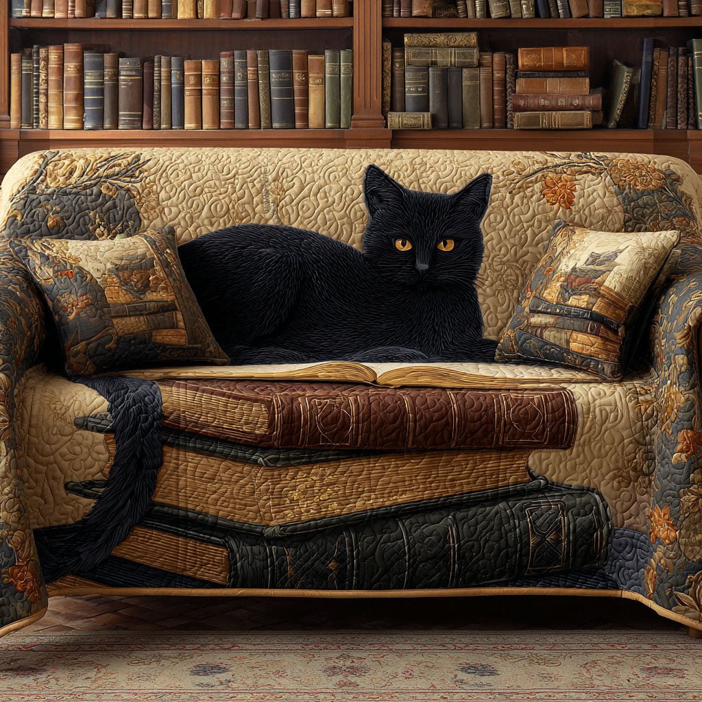 Black Cat on a Stack of Books Sofa Cover