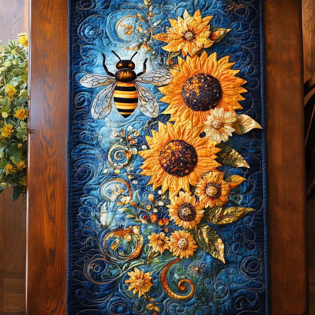 Bee and Sunflowers on Blue Swirls Table Runner