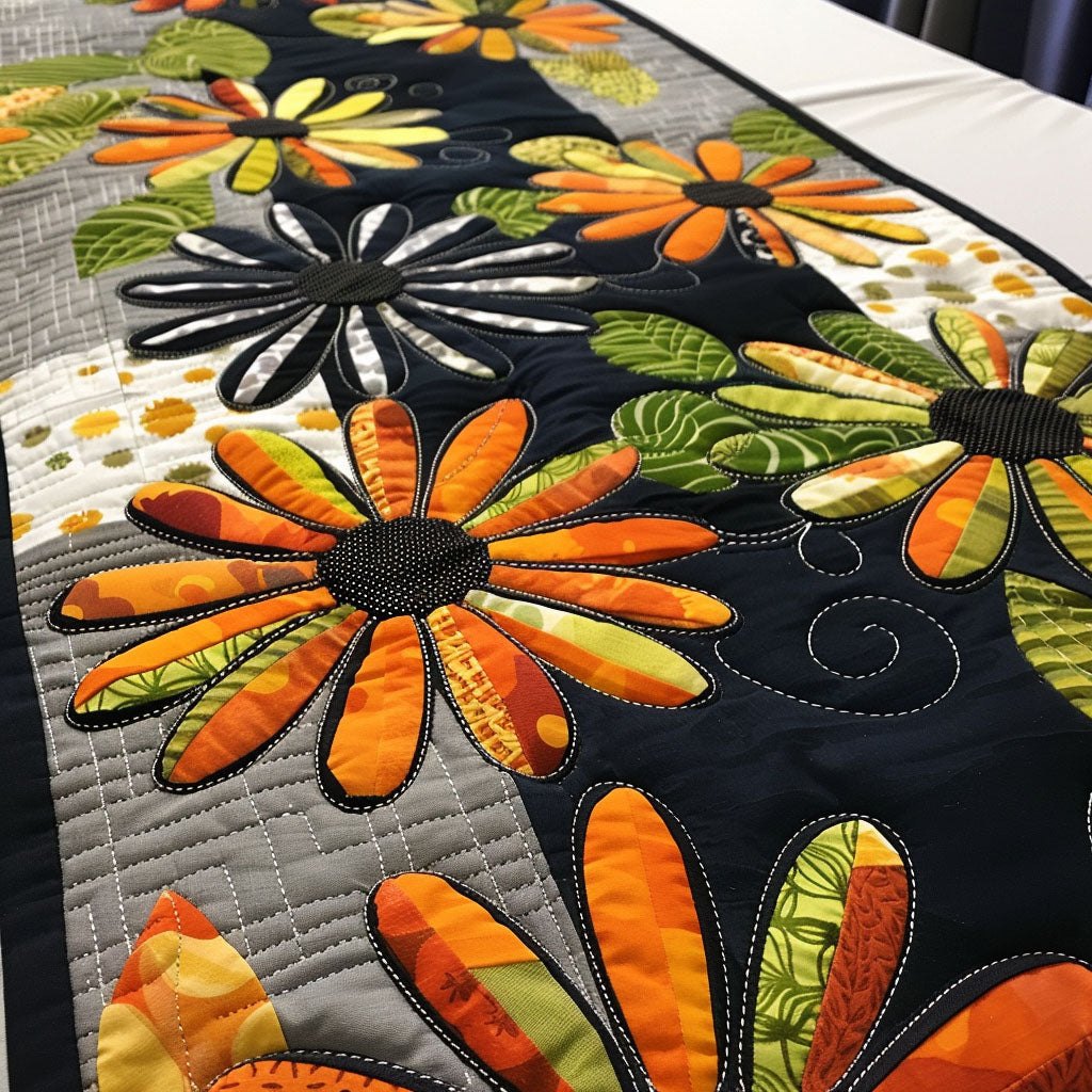 Orange Daisies on Black Ground Table Runner