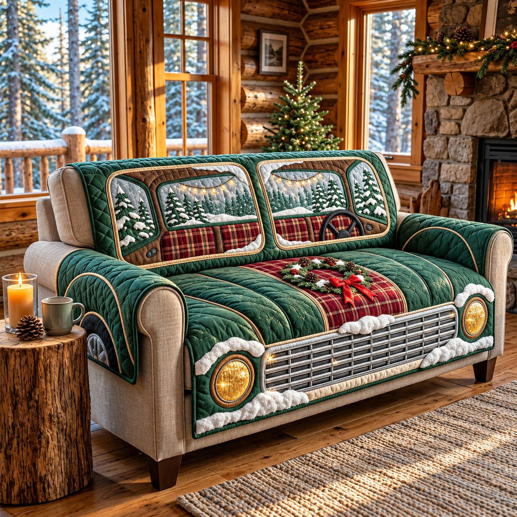 Green Christmas Truck Sofa Cover