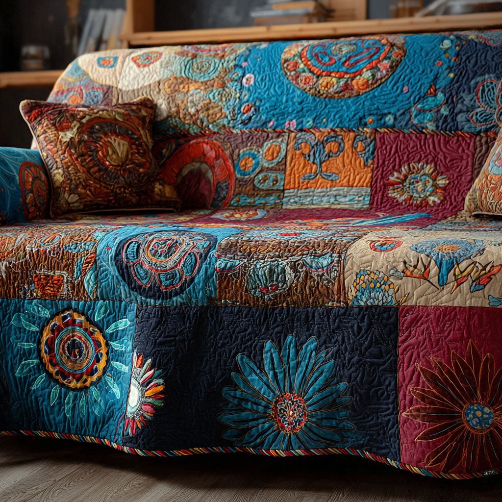 Blue Flowers on Dark Patchwork Sofa Cover