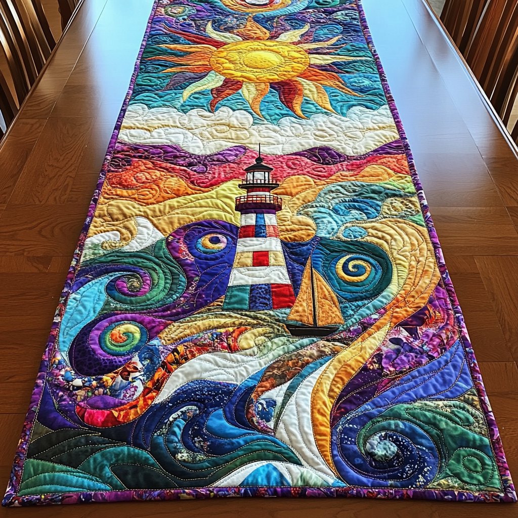 Swirling Lighthouse in Bright Colors Table Runner