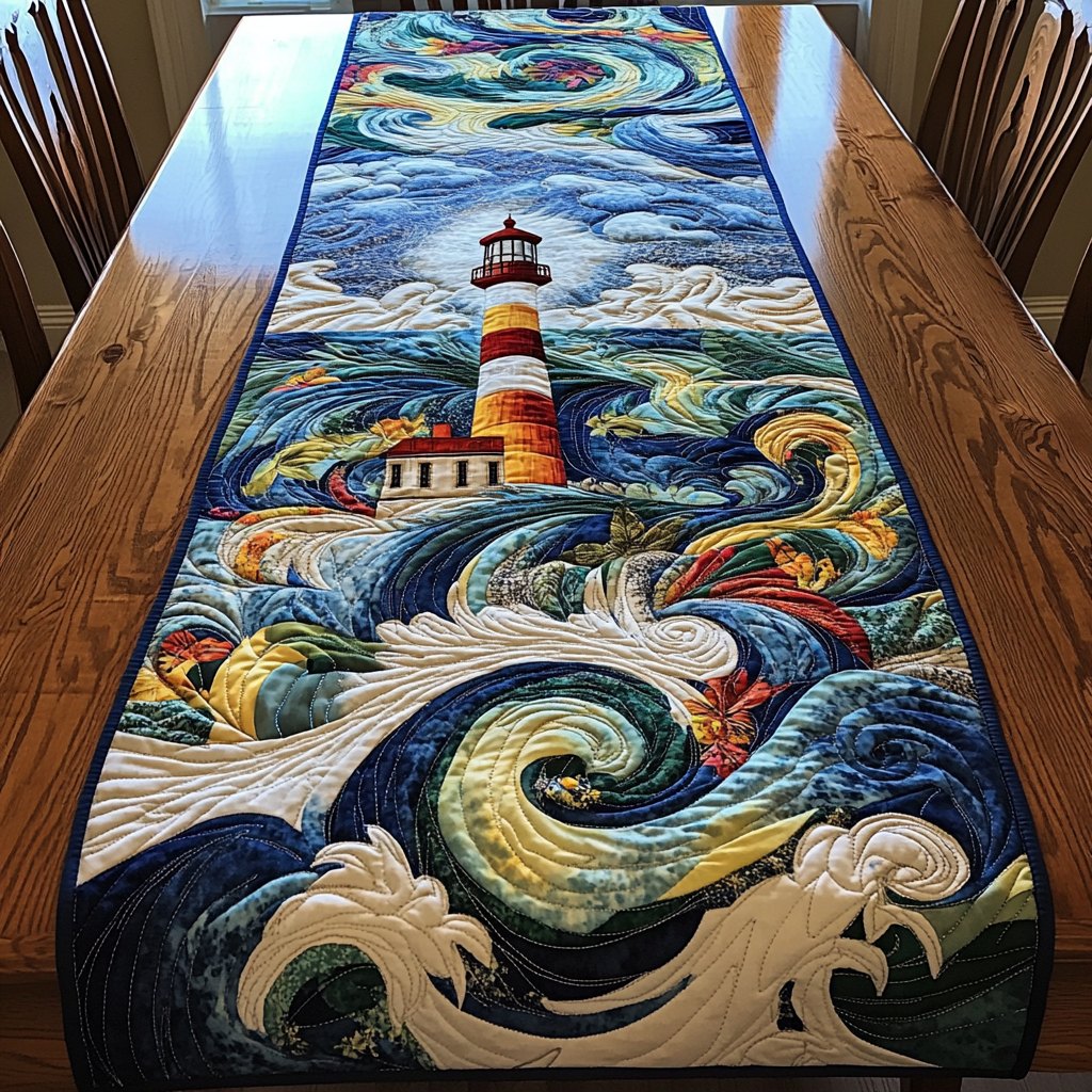 Lighthouse in Swirling Blue Waves Table Runner