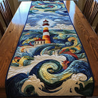 Lighthouse in Swirling Blue Waves Table Runner