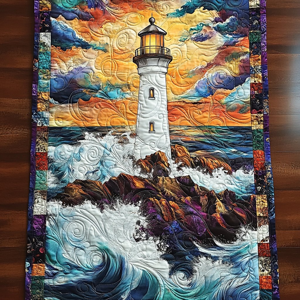 Lighthouse on Rocky Sunset Coast Table Runner
