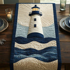 Lighthouse Above Simple Blue Waves Table Runner