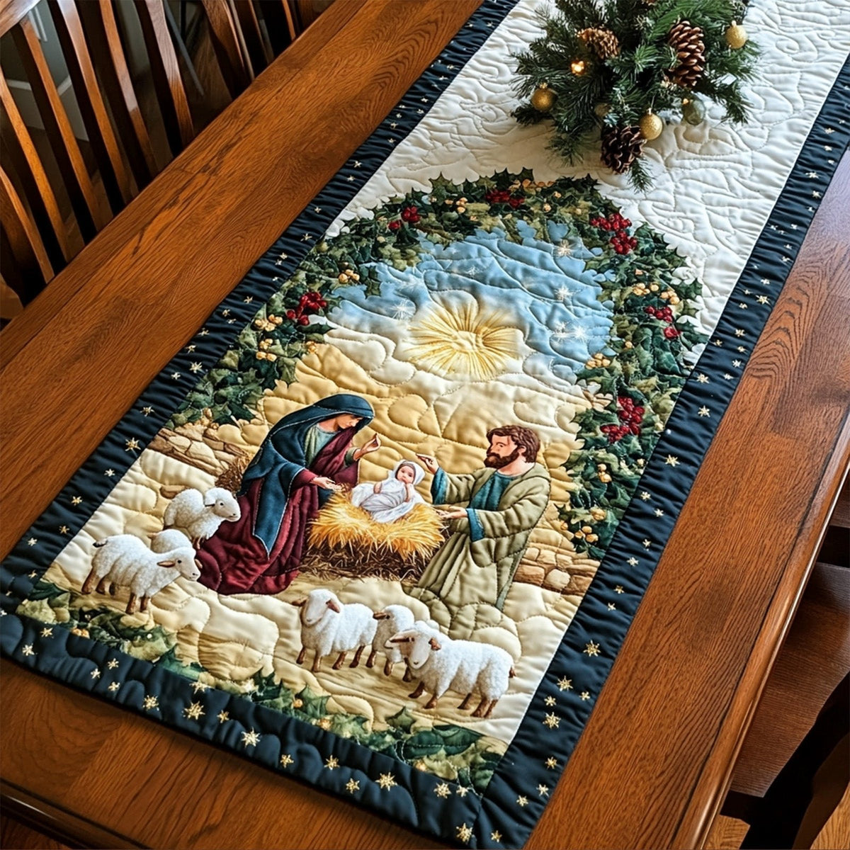 Nativity Scene with Sheep in Field Table Runner
