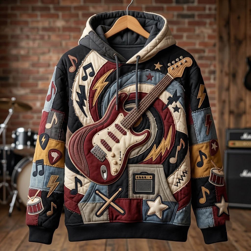 Red Electric Guitar with Lightning hoodie, all-over print