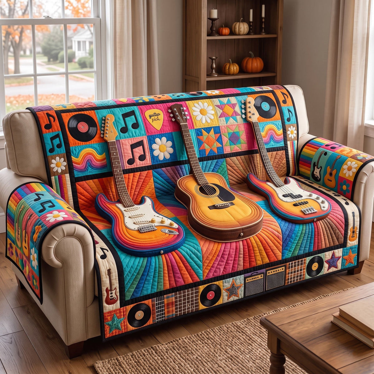 Rainbow Strat Trio Guitar Sofa Cover