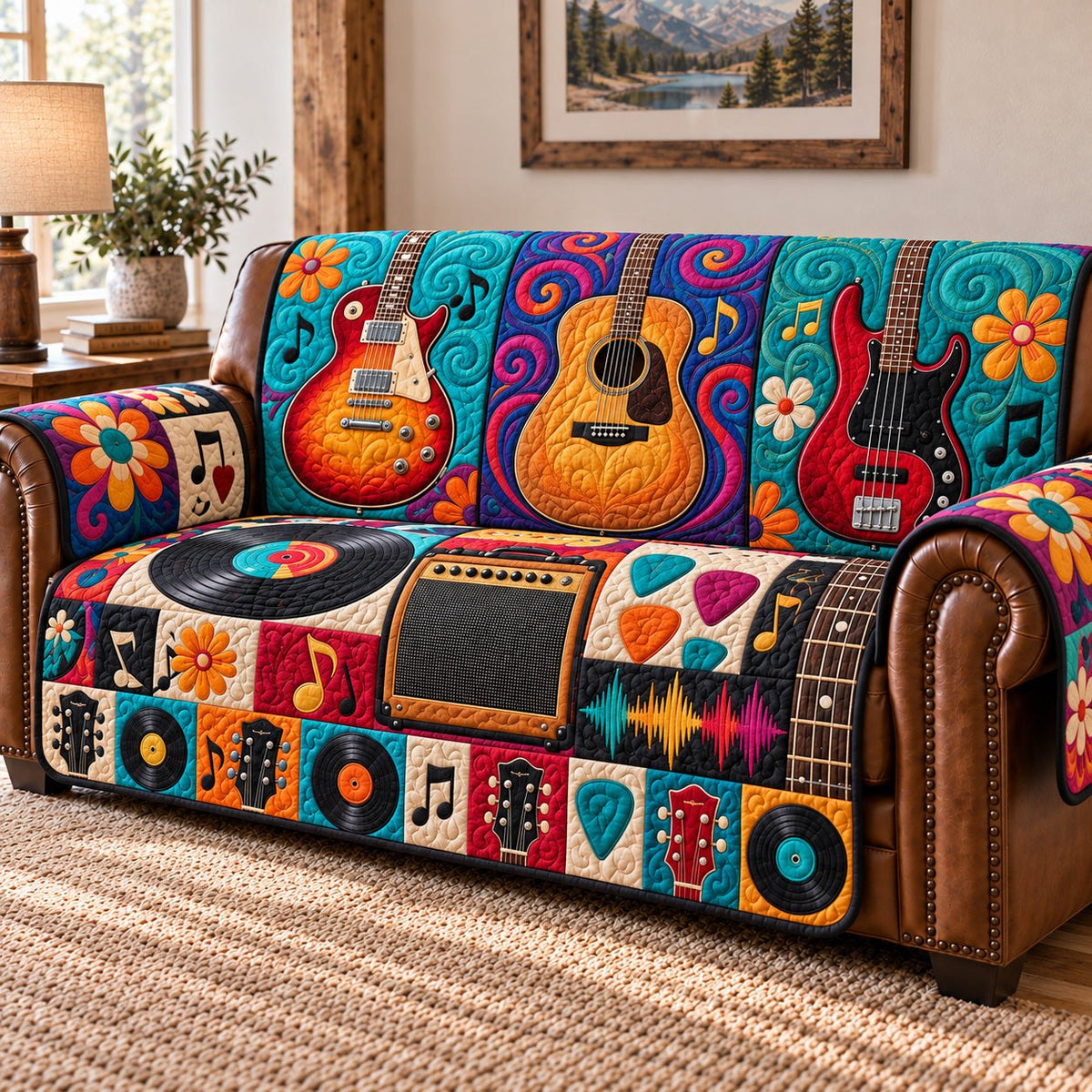 Boho Flower Guitar Vinyl Sofa Cover