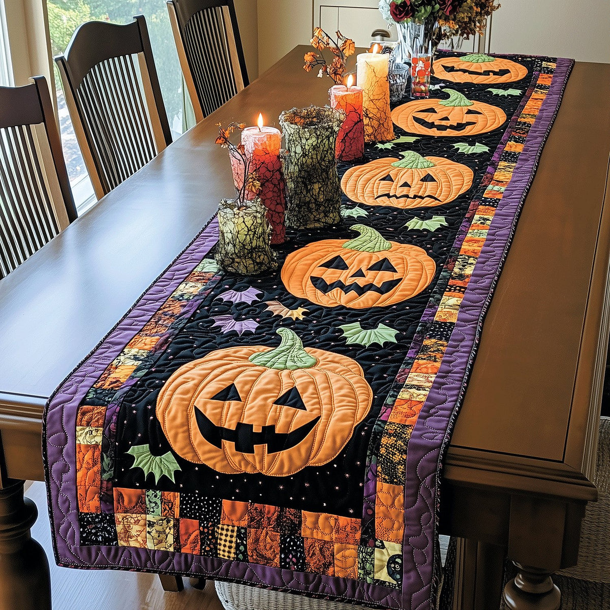 Jack o Lanterns on Purple Table Runner