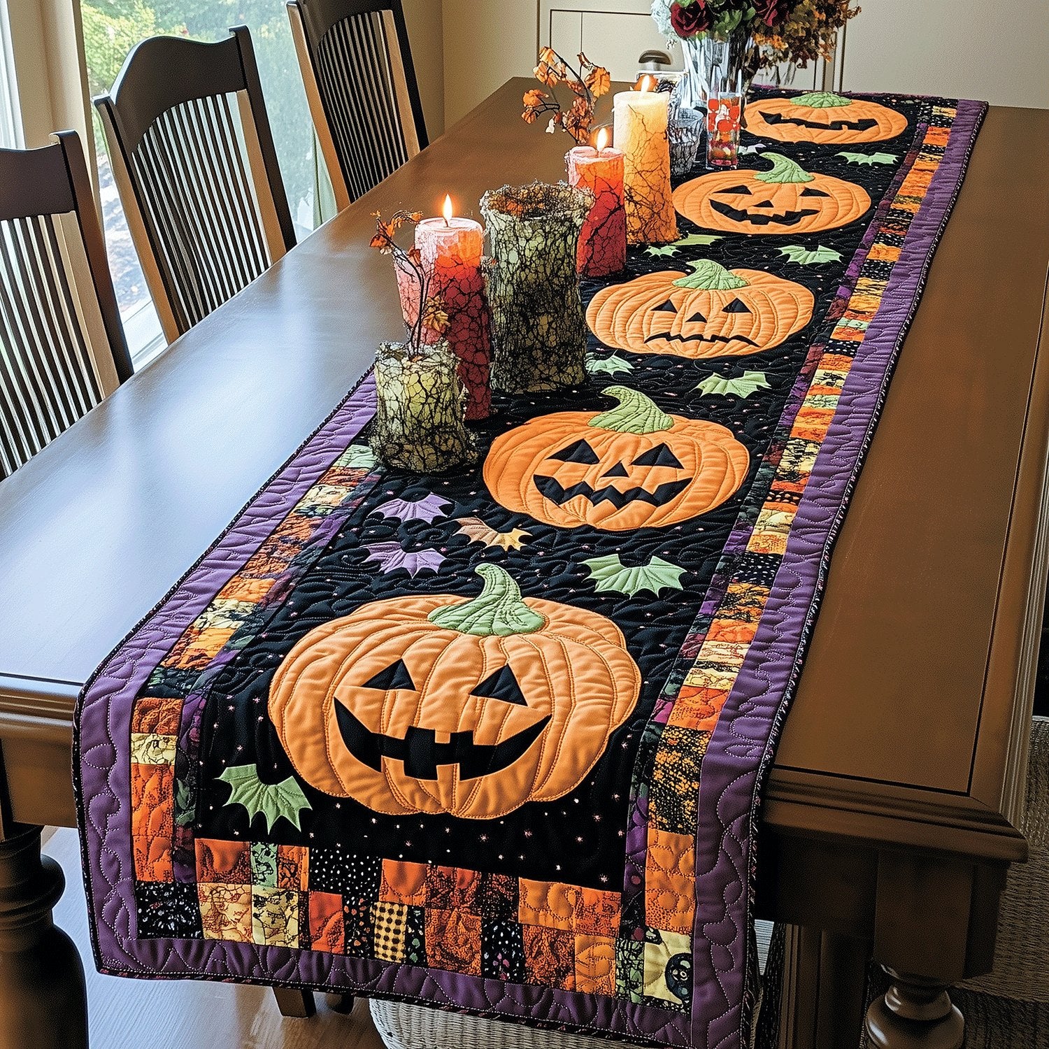 Jack o Lanterns on Purple Table Runner