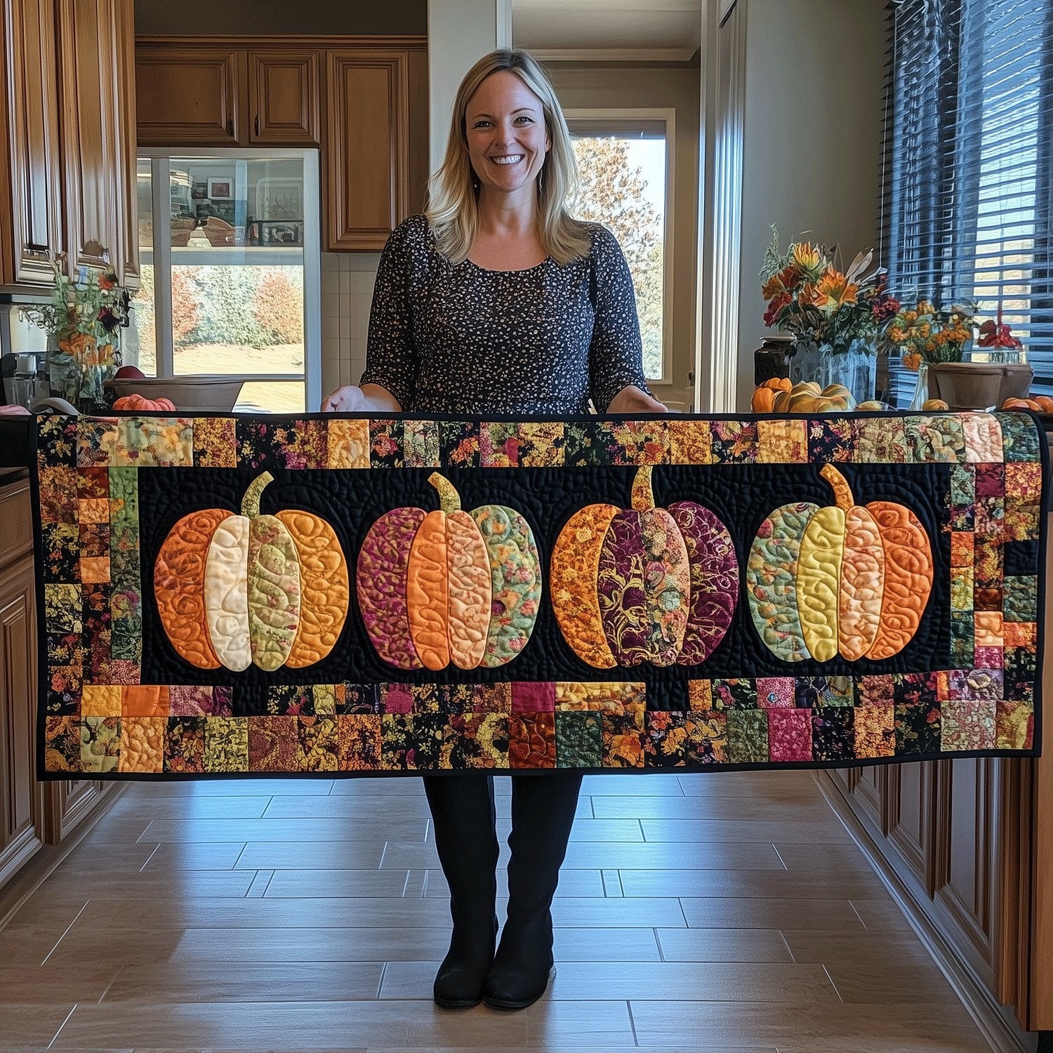 Row of Striped Pumpkins on Black Table Runner