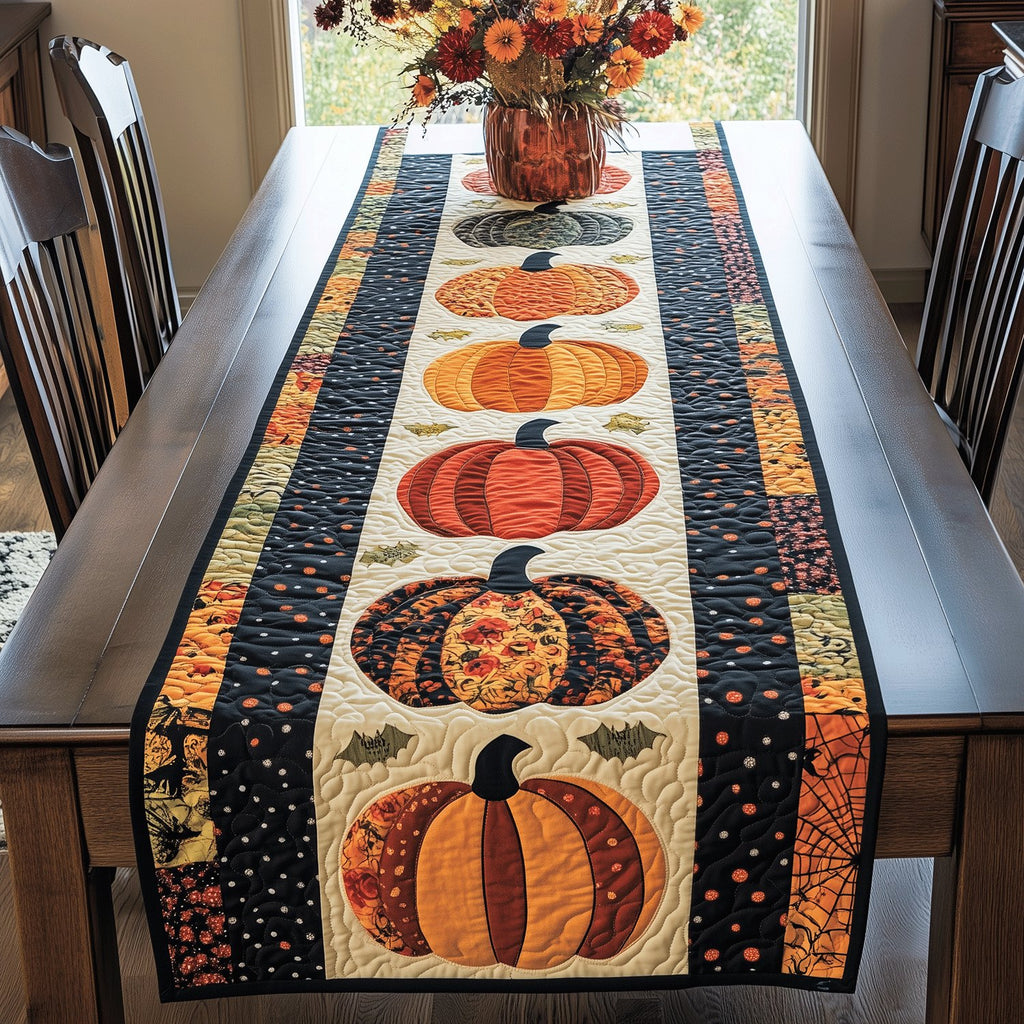 Pumpkins on Black Dotted Border Table Runner