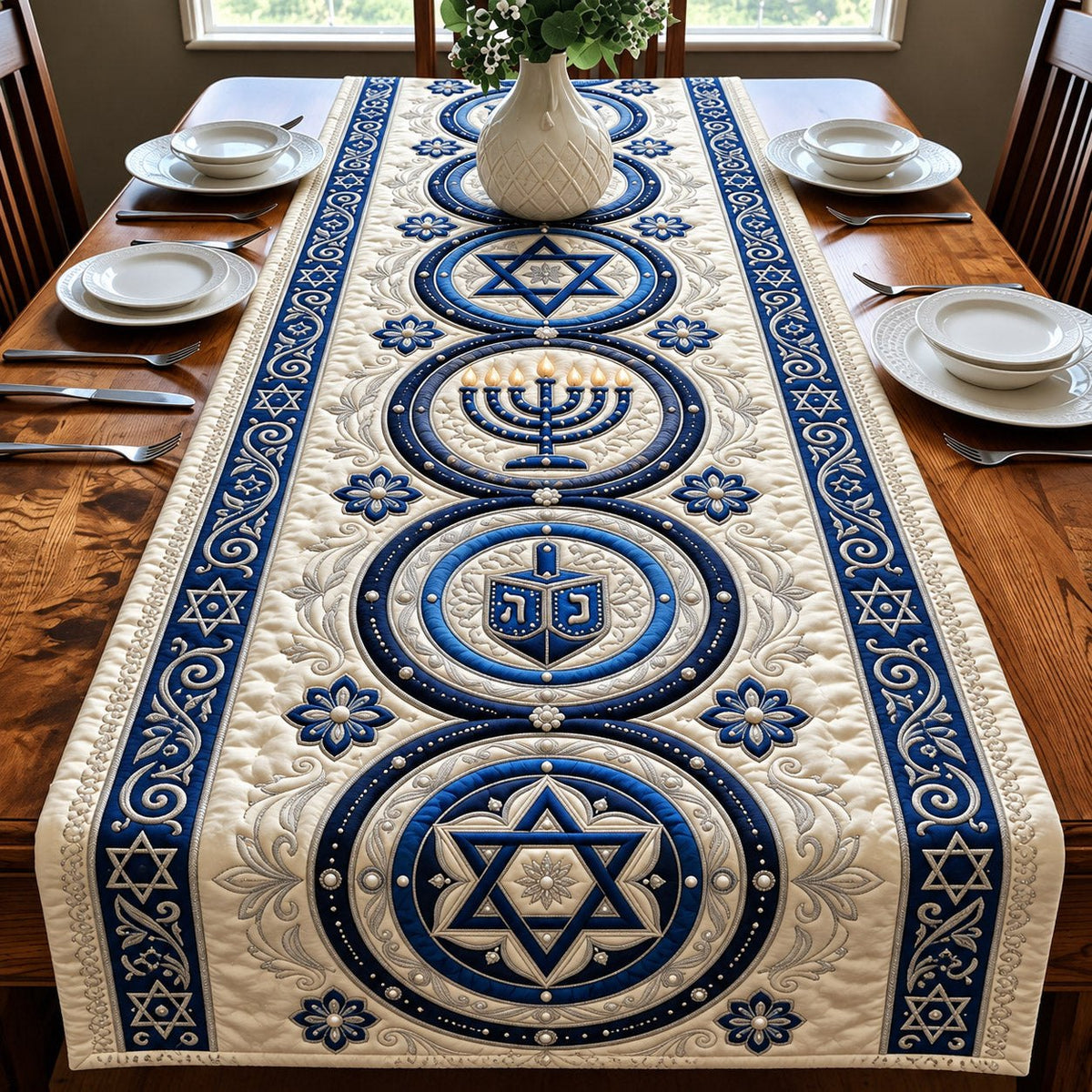 Medallion Hanukkah Blue Table Runner