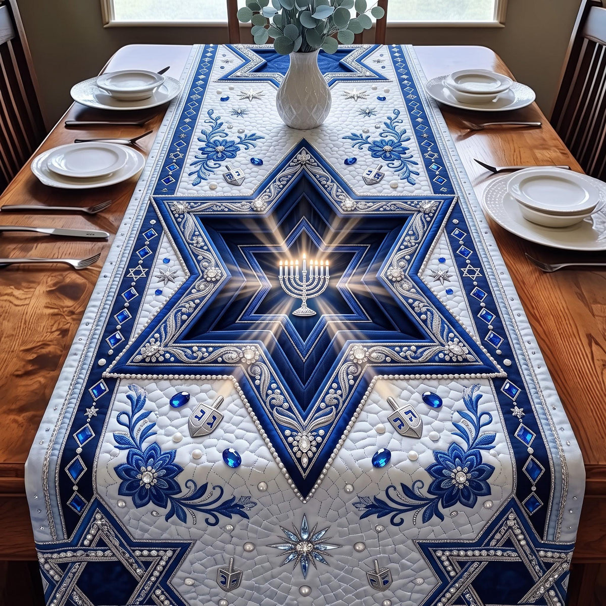 Hanukkah Star of David in Blue and White Table Runner