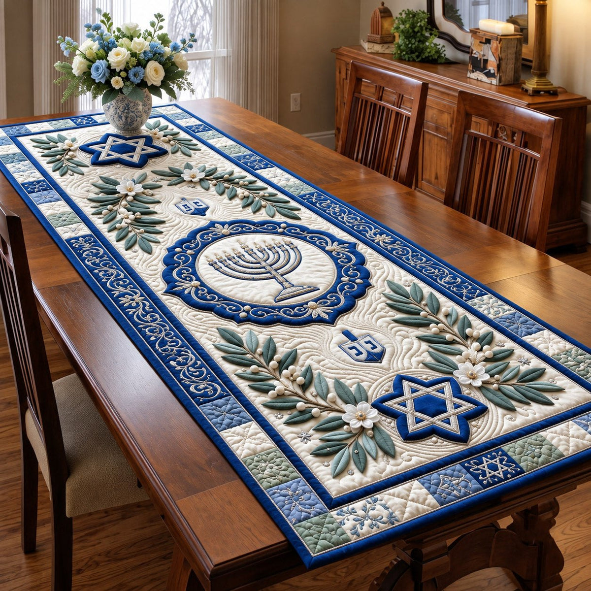 Olive Wreath Hanukkah Celebration Table Runner
