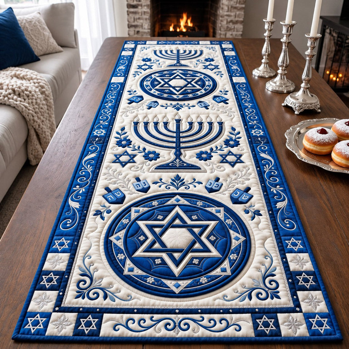 Blue Blossom Hanukkah Floral Table Runner