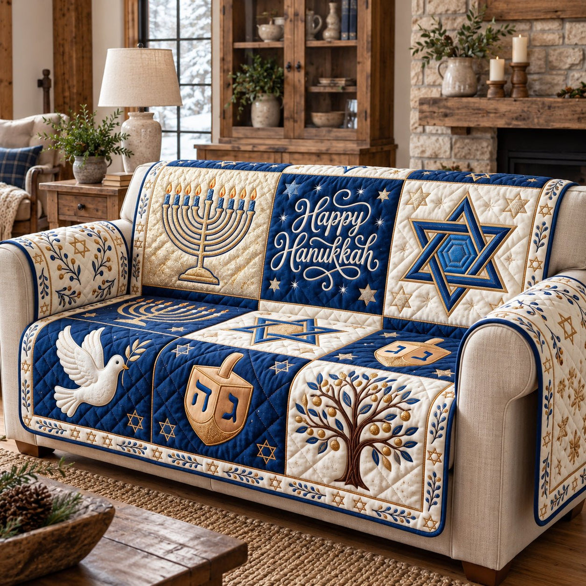 Blue Dove Dreidel Hanukkah Sofa Cover