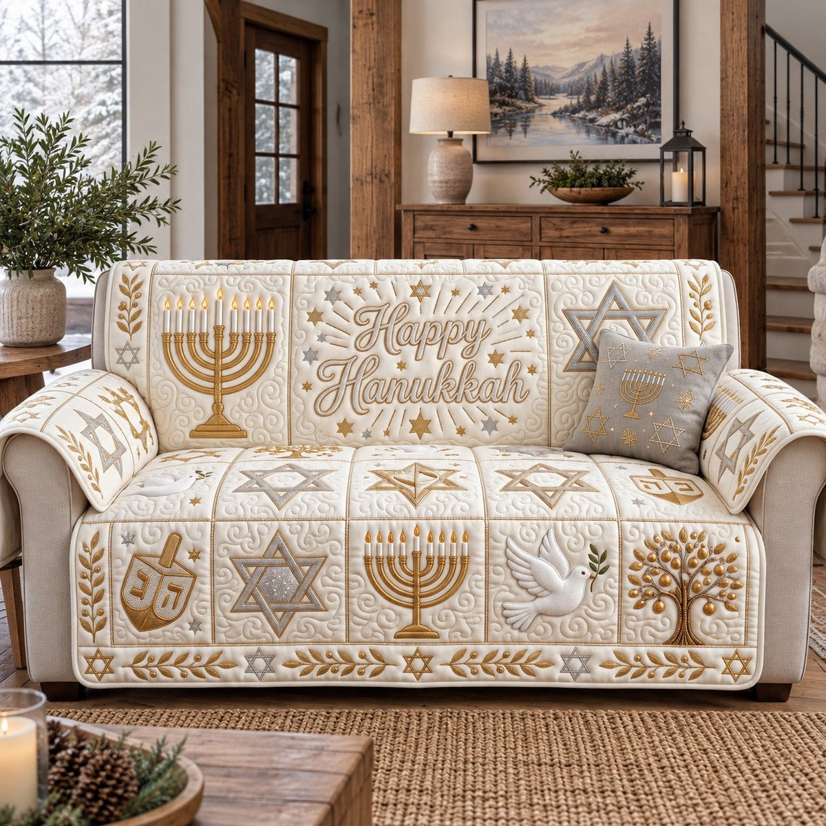 Ivory Gold Menorah Hanukkah Sofa Cover