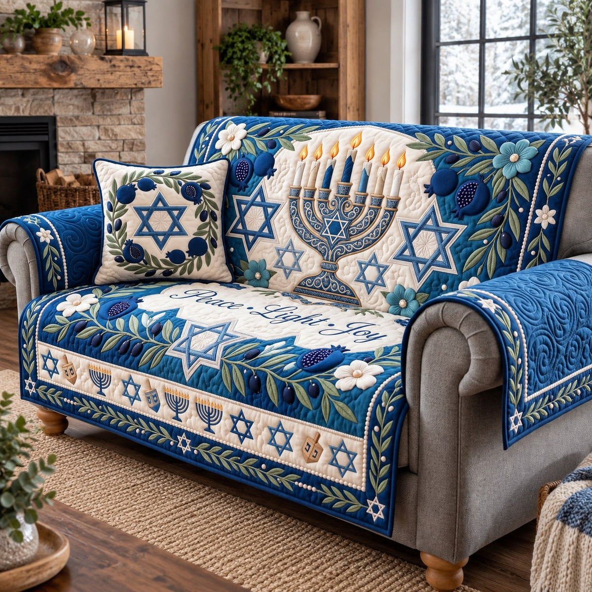 Peace Light Joy Menorah Hanukkah Sofa Cover