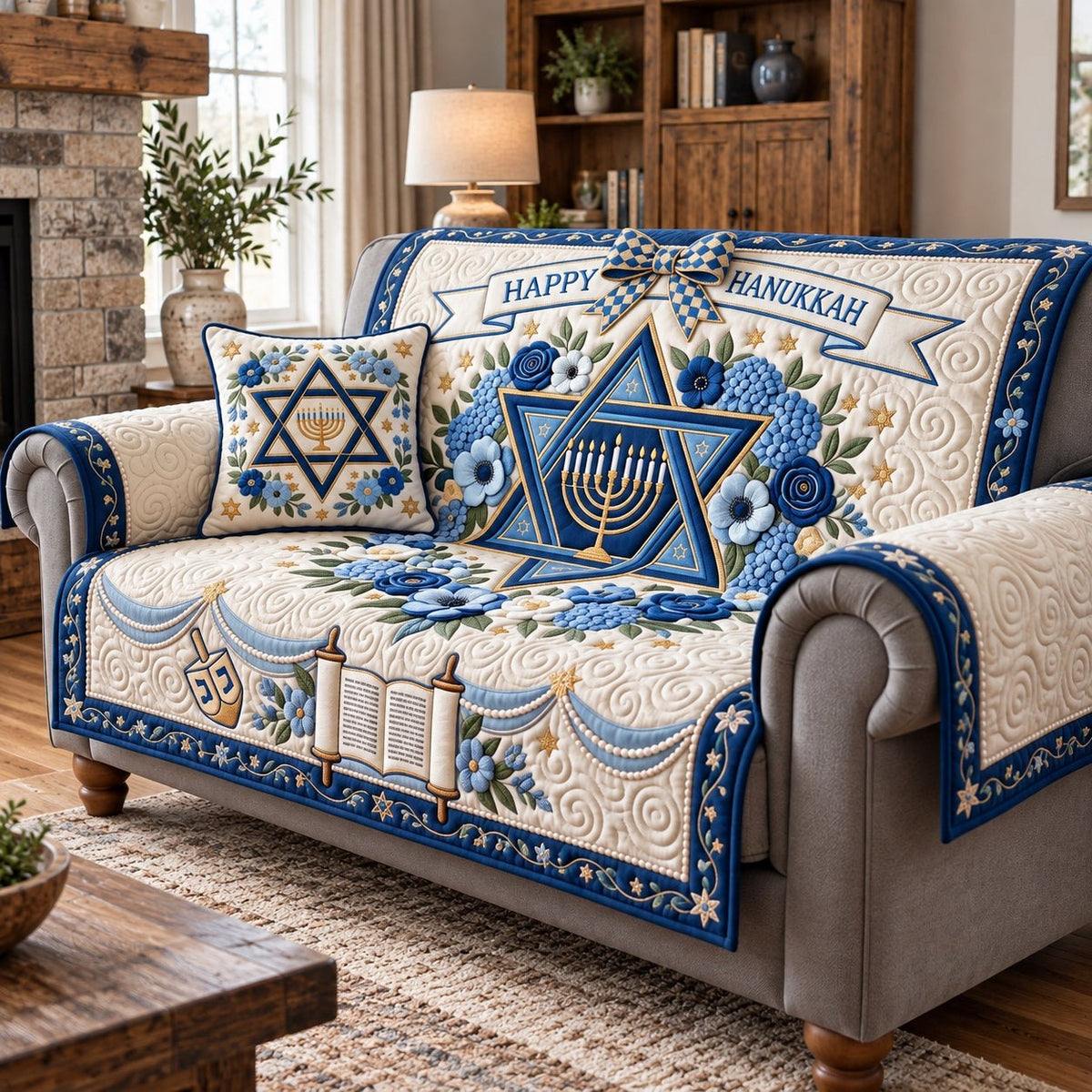 Floral Star Of David Hanukkah Sofa Cover