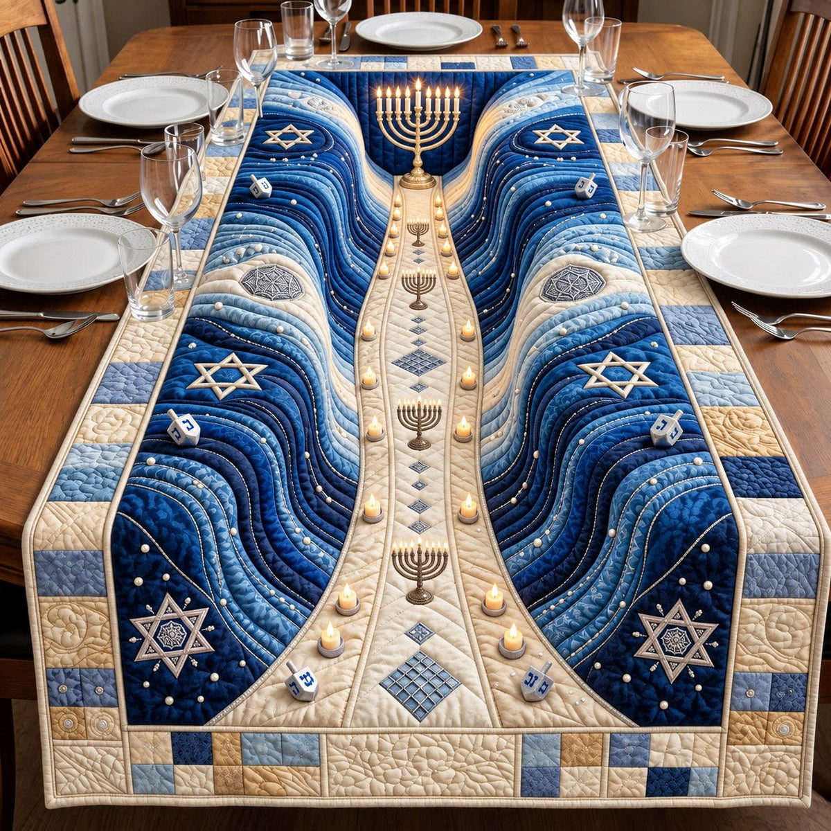 Blue Wave Hanukkah Star Table Runner