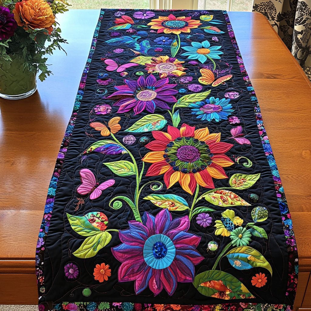 Bright Folk Flowers on Black Table Runner