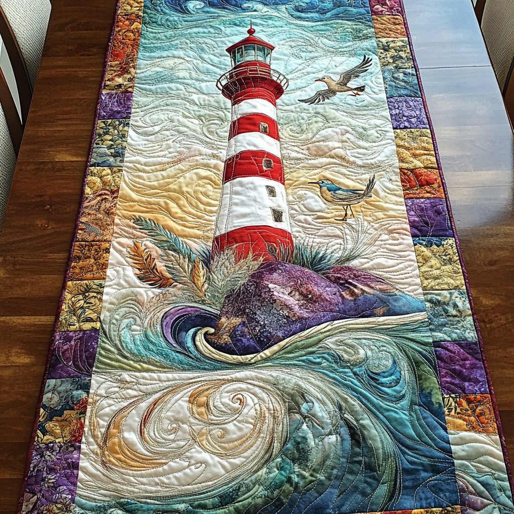 Red Striped Lighthouse over Swirling Waves Table Runner