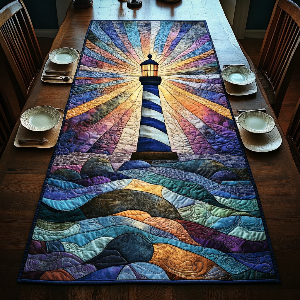 Lighthouse Beacon over Blue Water Rays Table Runner