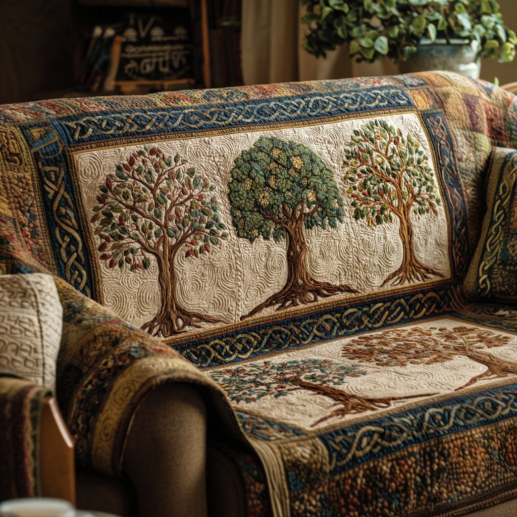 Trees on Cream Quilted Squares Sofa Cover