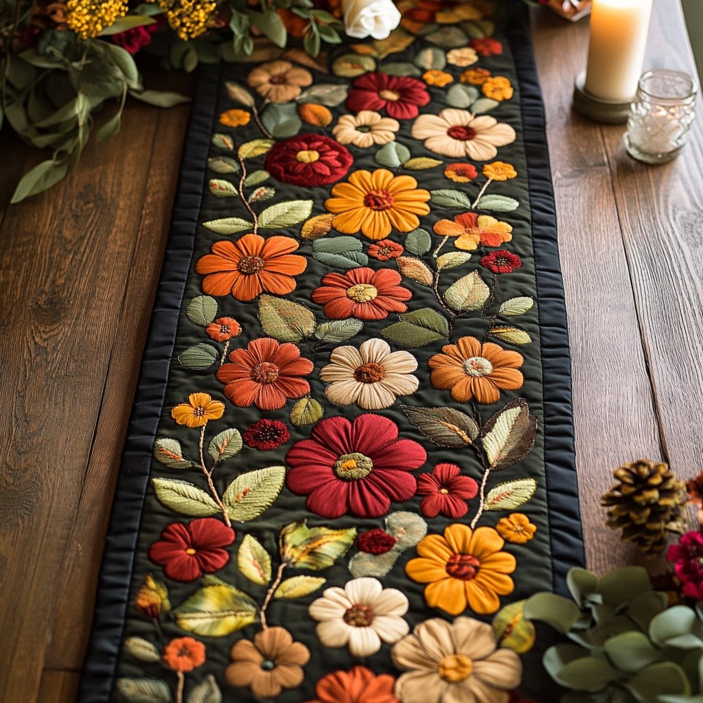 Autumn Flowers on Dark Ground Table Runner