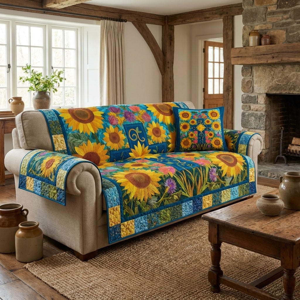 Sunflowers on Blue Patchwork Squares Sofa Cover