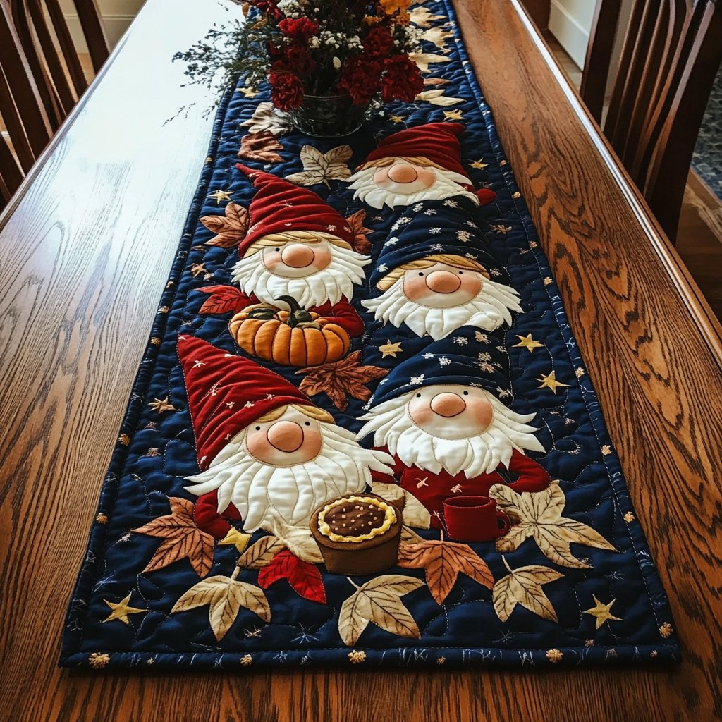 Gnomes on Navy with Autumn Leaves Table Runner