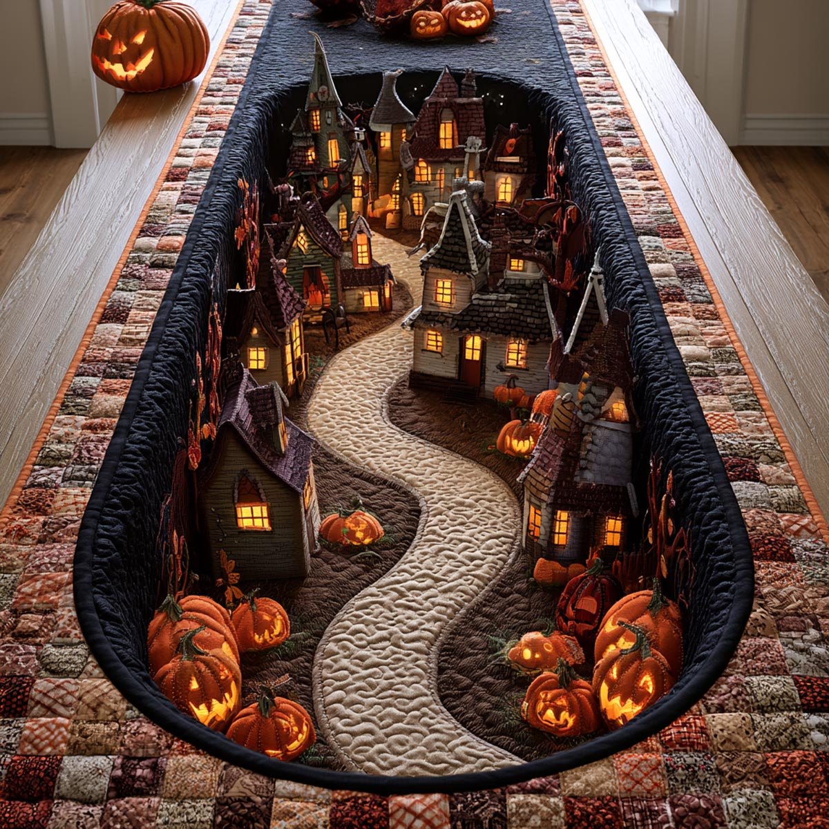 Halloween Village Along Winding Path Table Runner