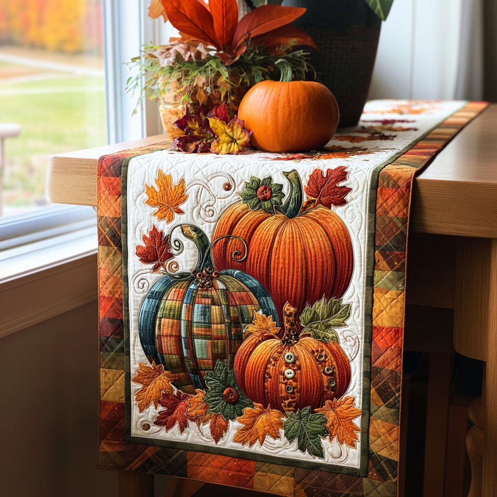 Pumpkins and Maple Leaves on Ivory Table Runner