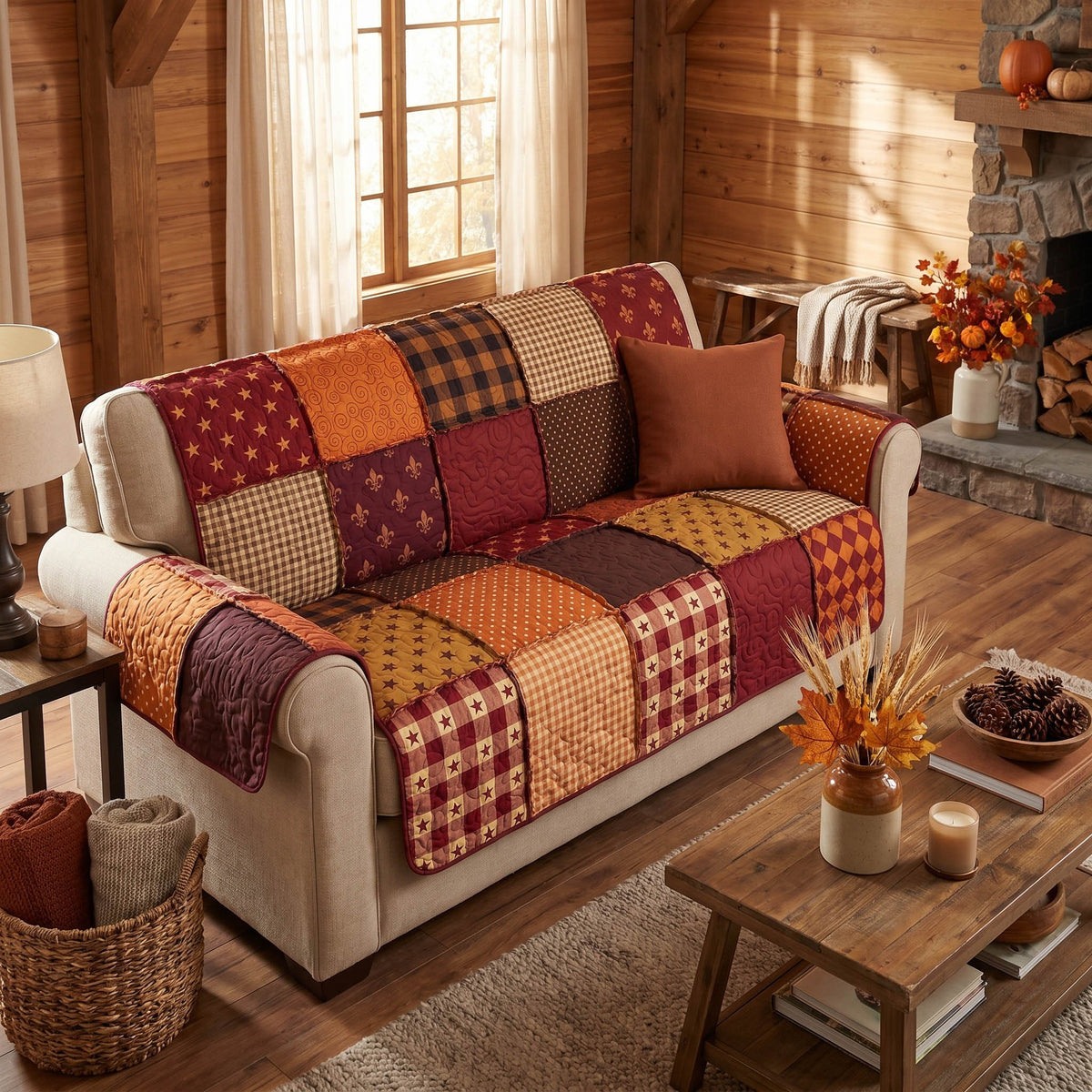 Autumn Patchwork in Rust and Red Sofa Cover
