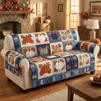 Pumpkins on Blue and Cream Squares Sofa Cover