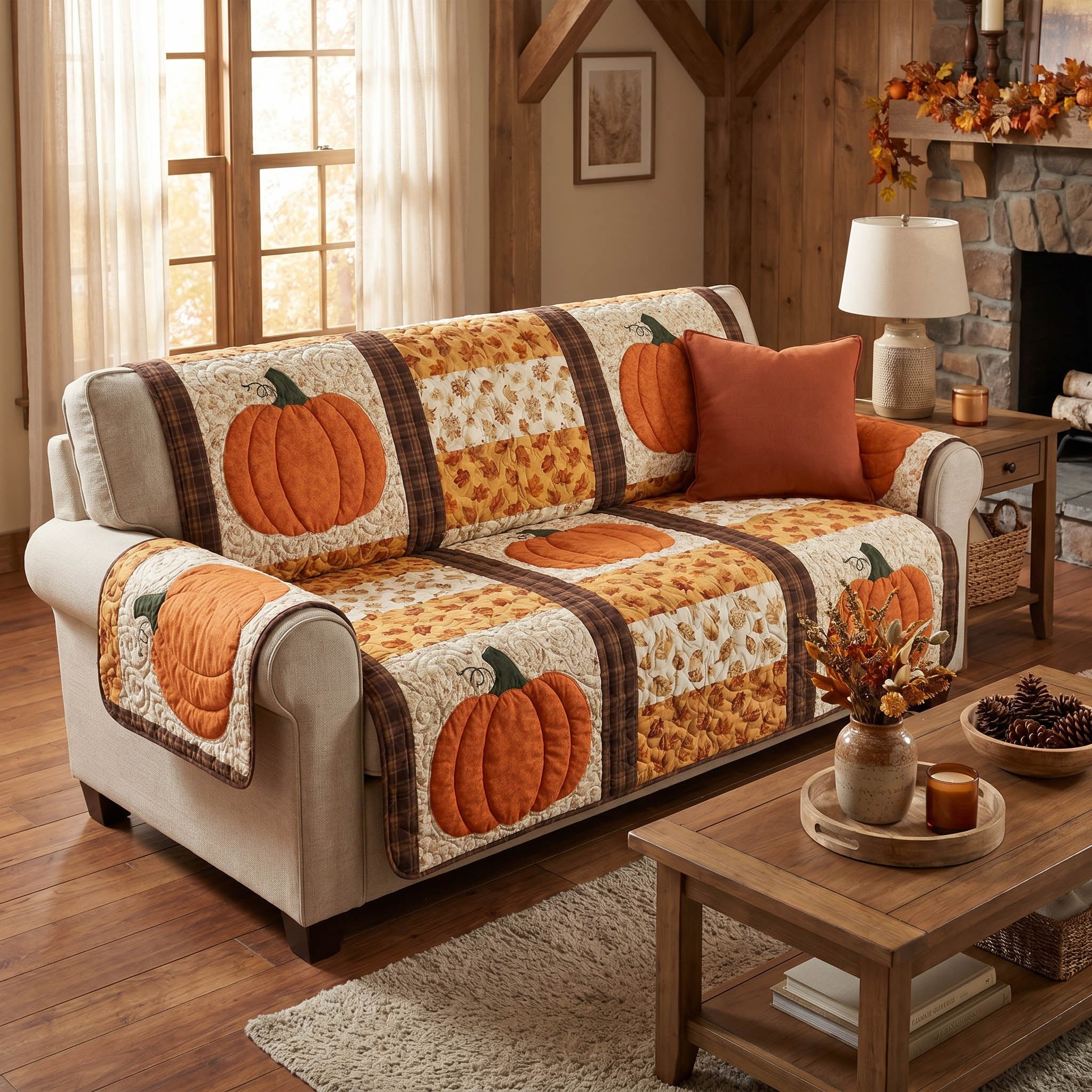Orange Pumpkins on Cream and Leopard Sofa Cover