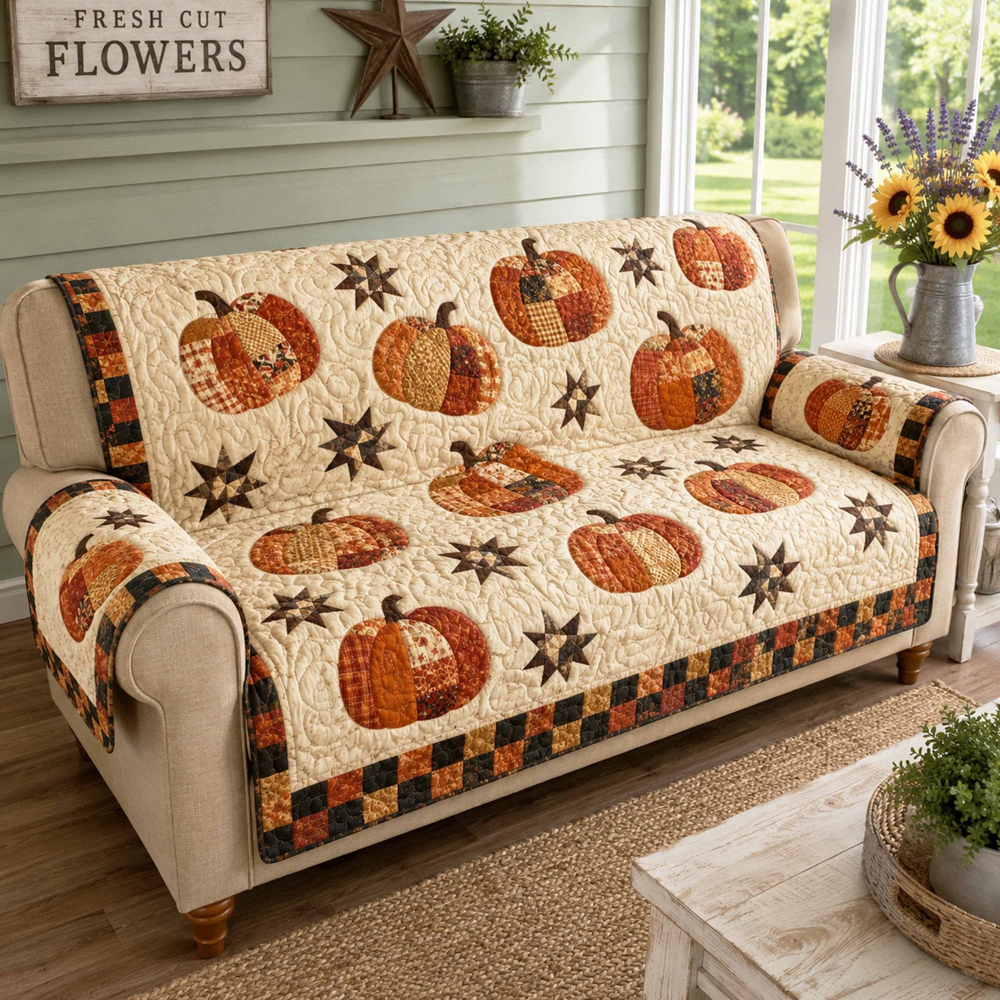 Pumpkins and Stars on Cream Quilt Sofa Cover