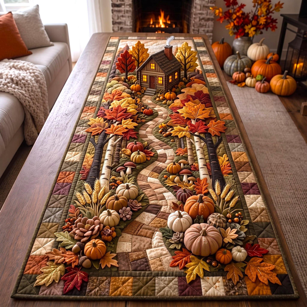 Autumn Cabin Leaf Path Table Runner