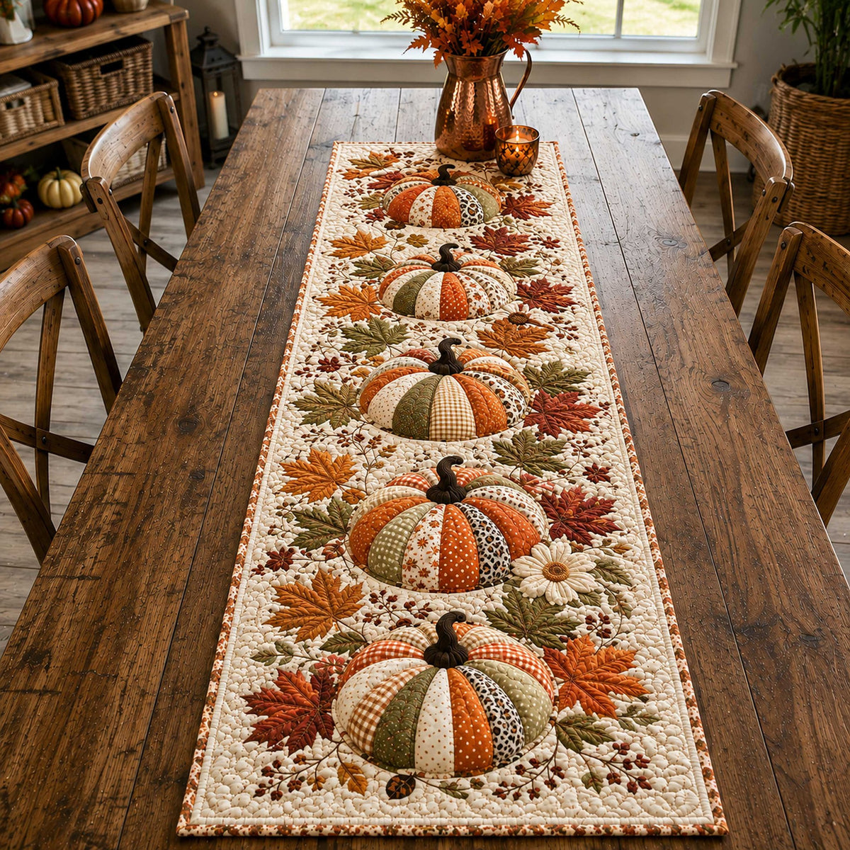 Autumn Pumpkins and Falling Leaves Table Runner