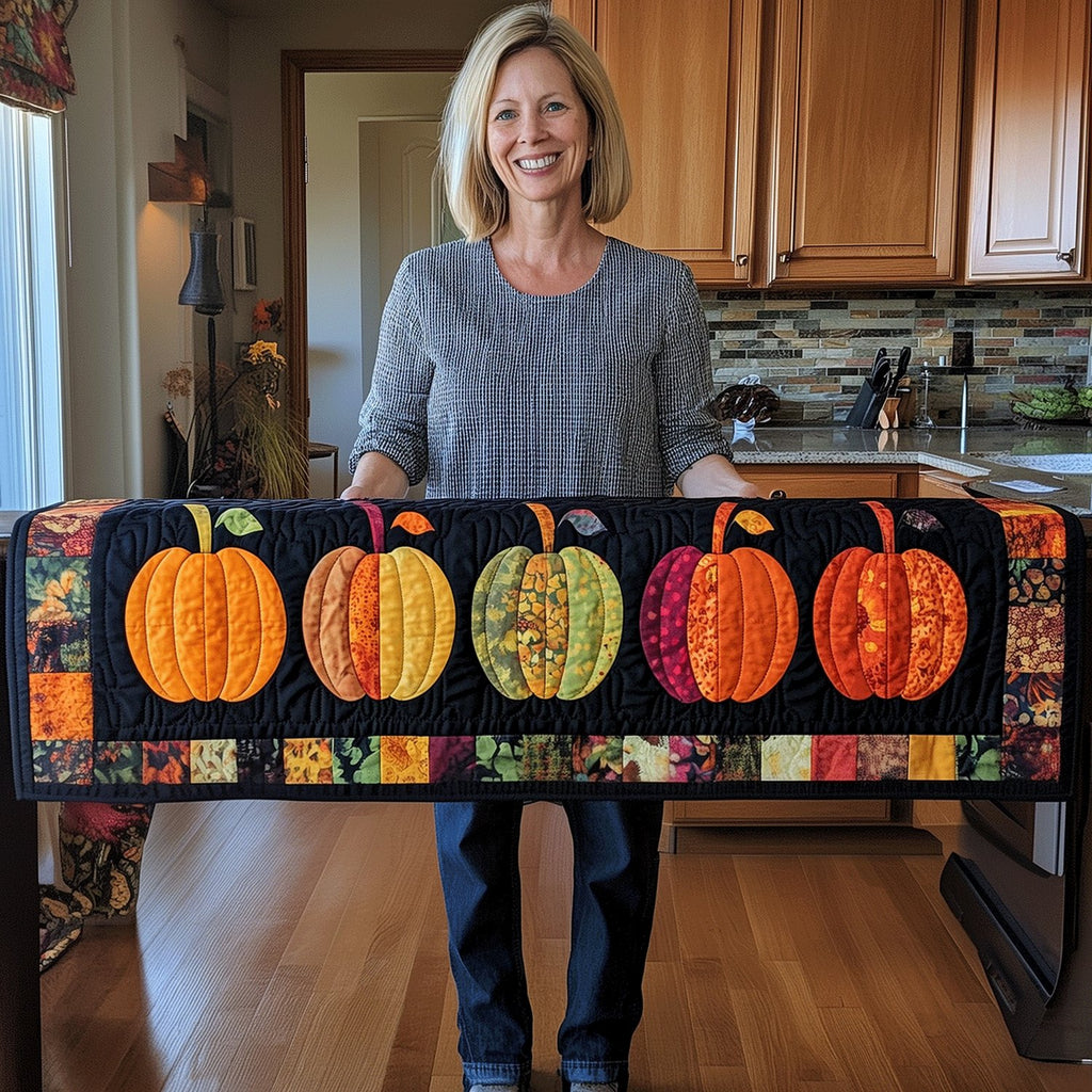 Five Patterned Pumpkins on Black Table Runner