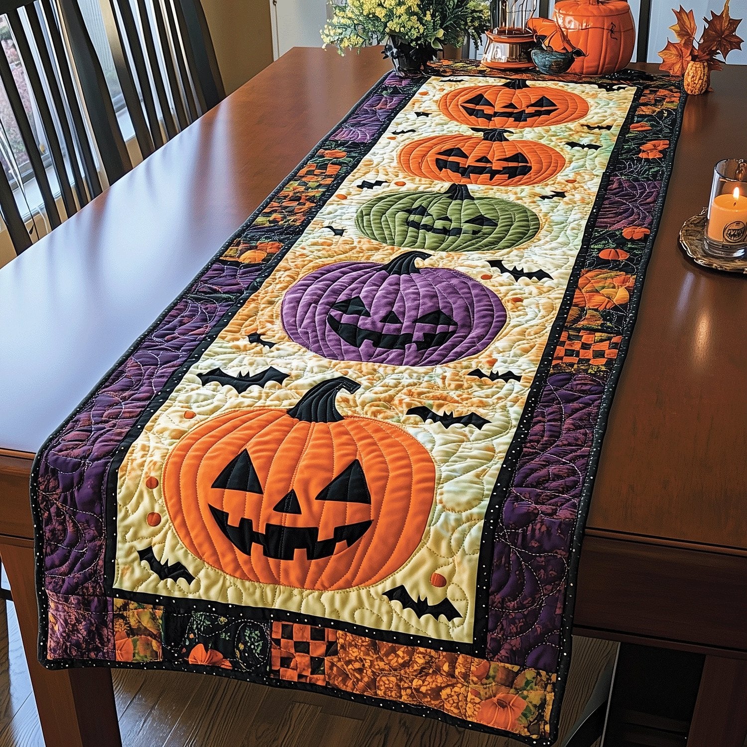 Jack o Lantern with Bats on Purple Table Runner