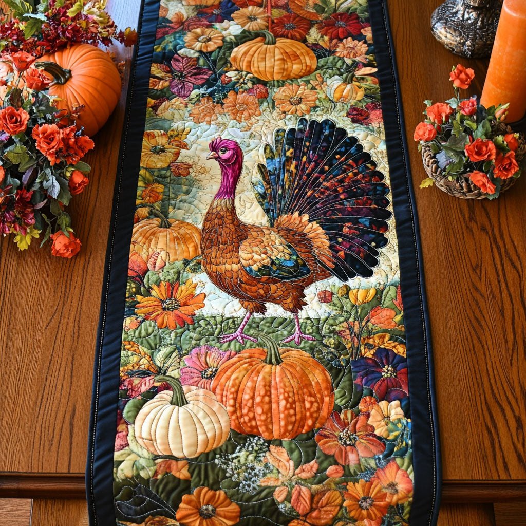 Turkey with Pumpkins and Flowers Table Runner